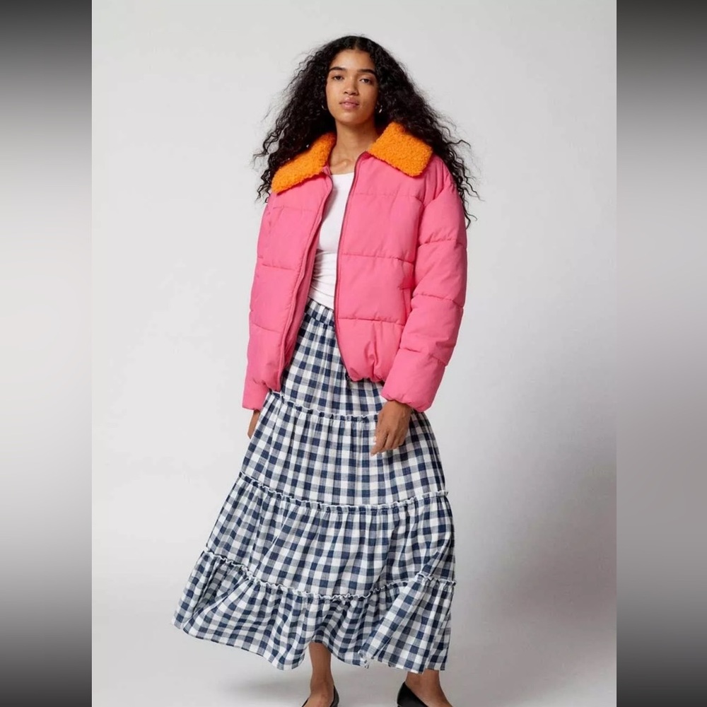 NWOT Urban Outfitters Duckie Orange Pink Faux Shearling Collar Puffer Jacket M